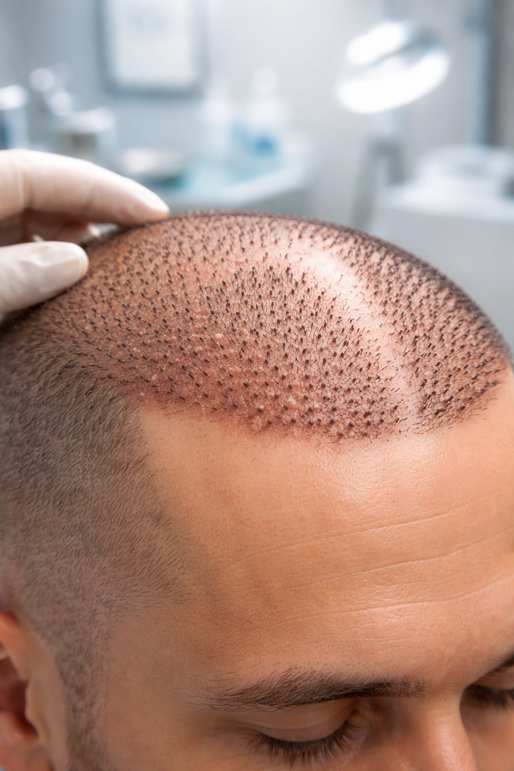 Scalp model showing graft distribution for hair restoration planning.