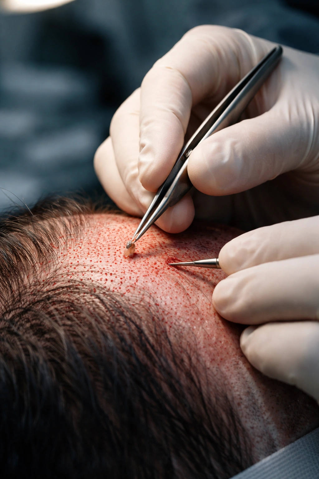 Gloved hands placing a hair graft into a recipient site on the scalp