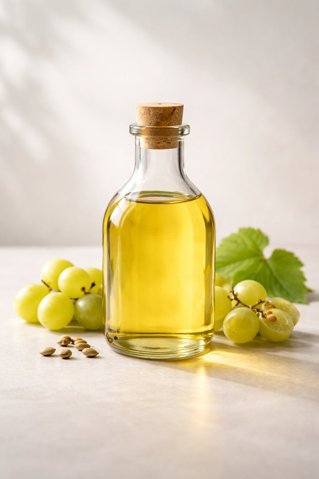 Glass bottle of grapeseed oil on a neutral surface with no label