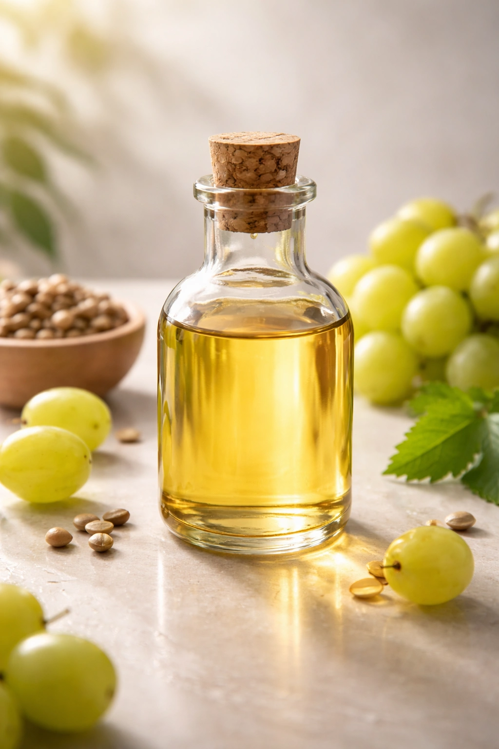 Close-up of a clear glass bottle containing light golden grapeseed oil on a neutral studio background
