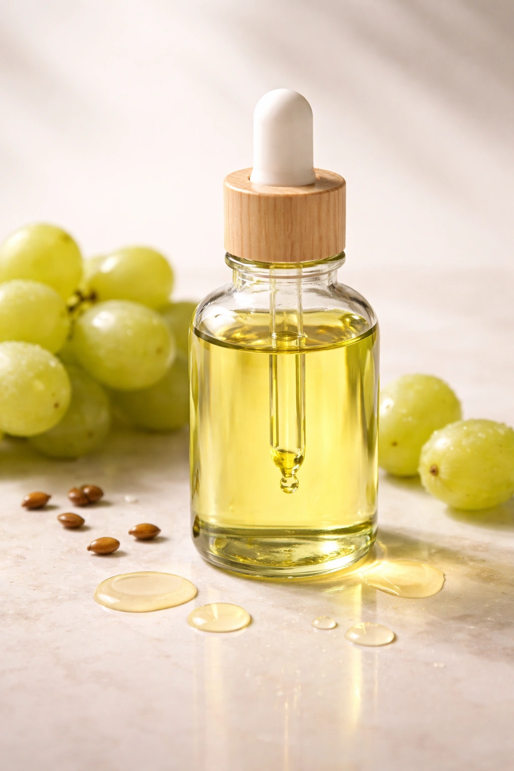 Grapeseed oil bottle with droplets on a neutral surface