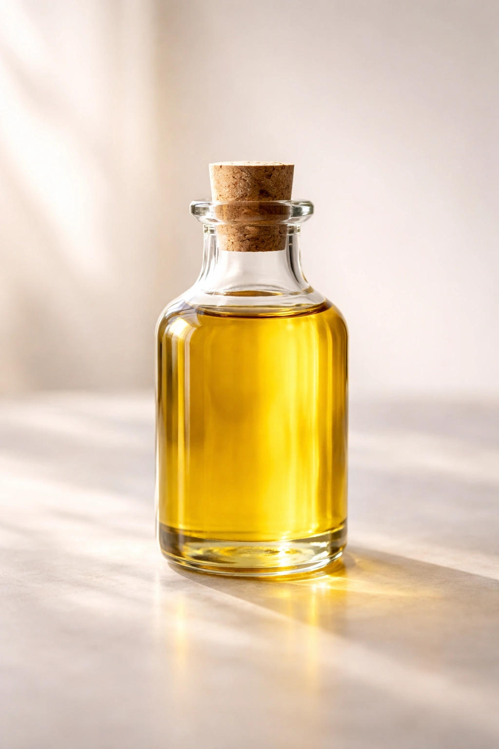 Grapeseed oil bottle with golden liquid on a plain background