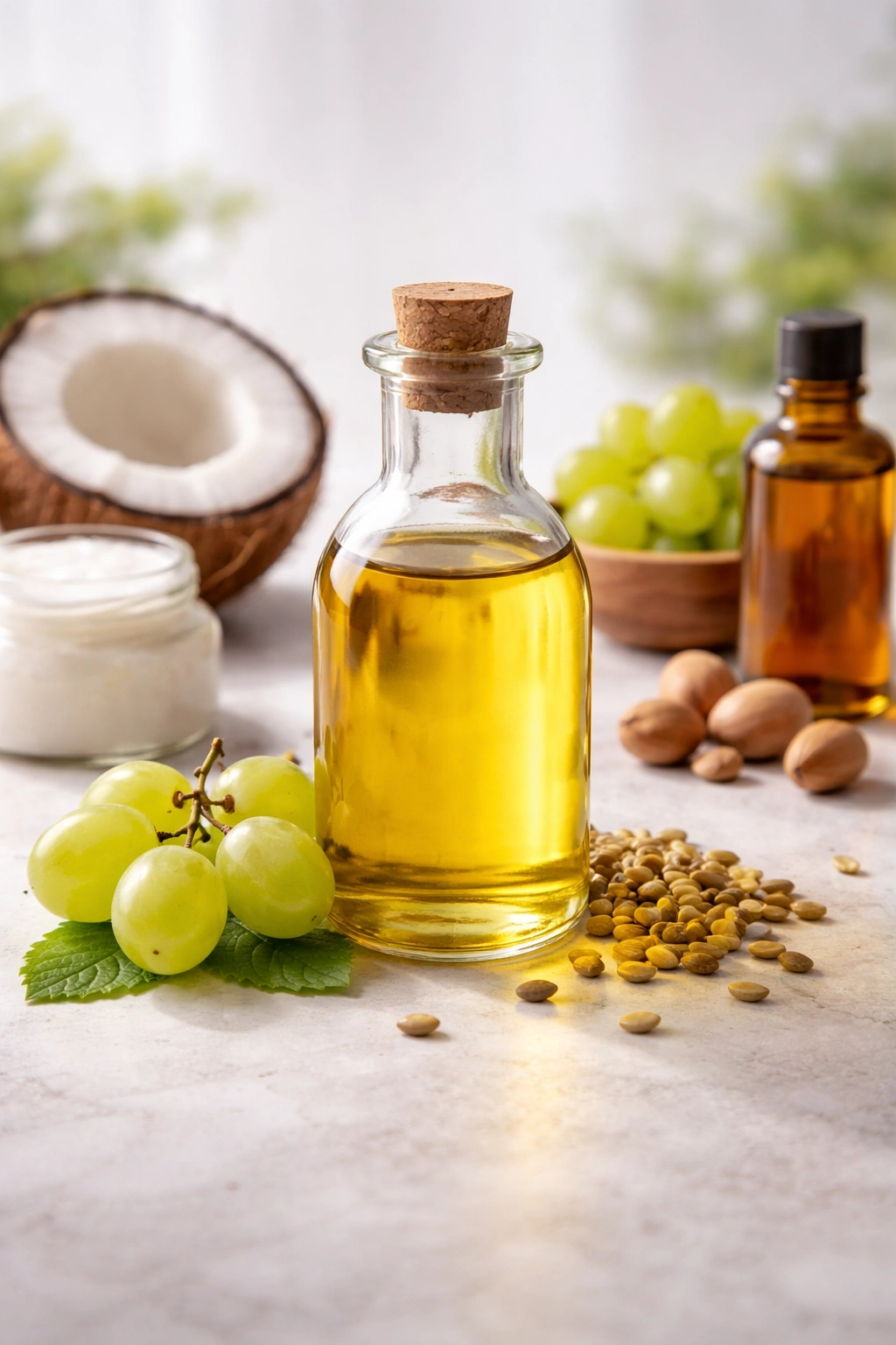 Grapeseed oil bottle on a neutral backdrop