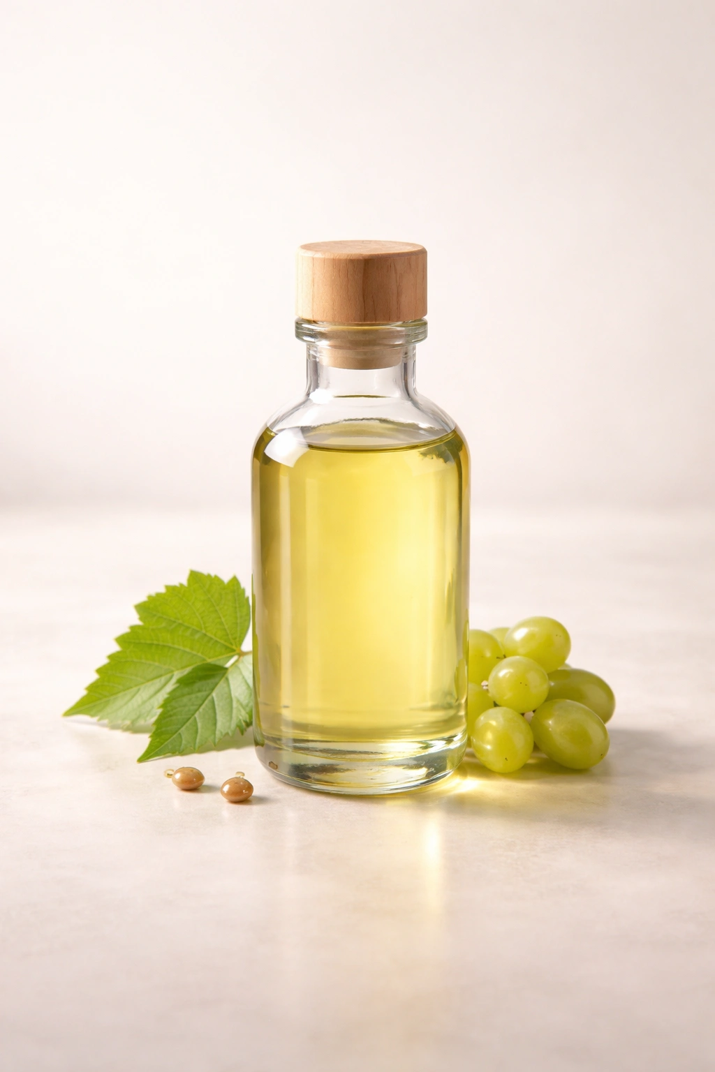 Grapeseed oil bottle on neutral background