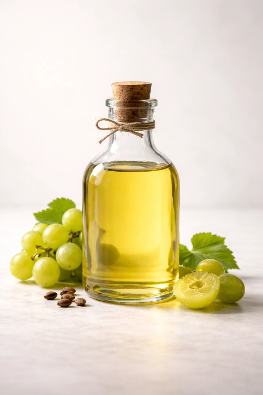 Grapeseed oil bottle on plain background