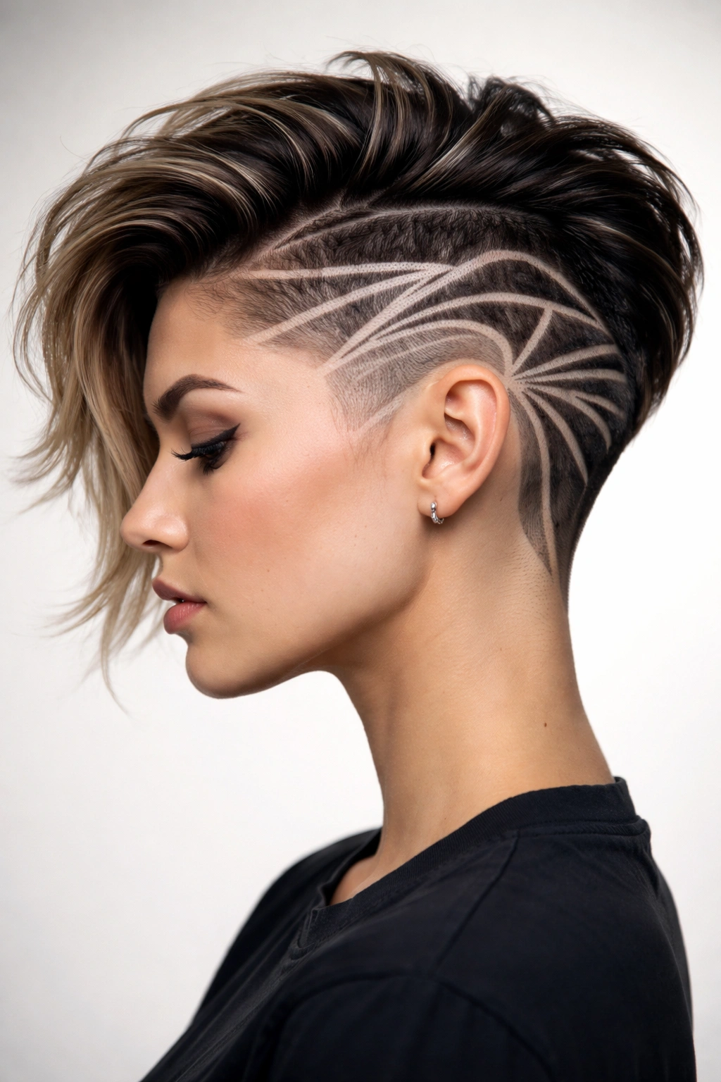 Close-up of a buzzed graphic design undercut with bold shaved patterns