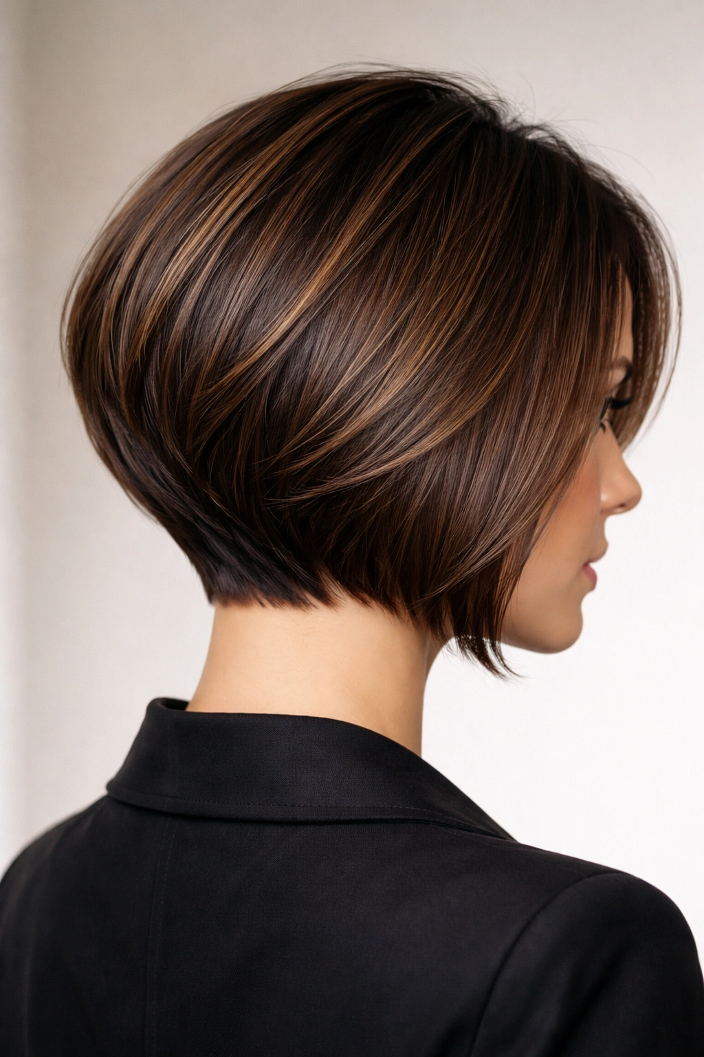 18 Stacked Bob Styles From Short To Medium Length 13 Close-up portrait of a model with a precision-cut stacked bob showing sharp lines and glossy finish