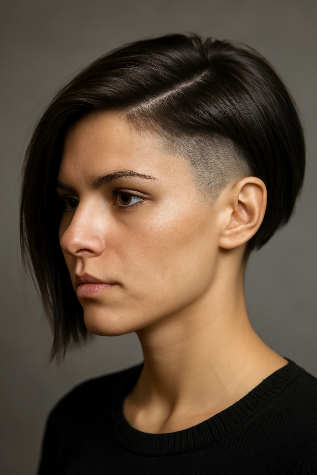 20 Bob Haircut Ideas From Short To Long Lengths 8 Close-up of a graphic undercut bob showing stark contrast between short sides and long top