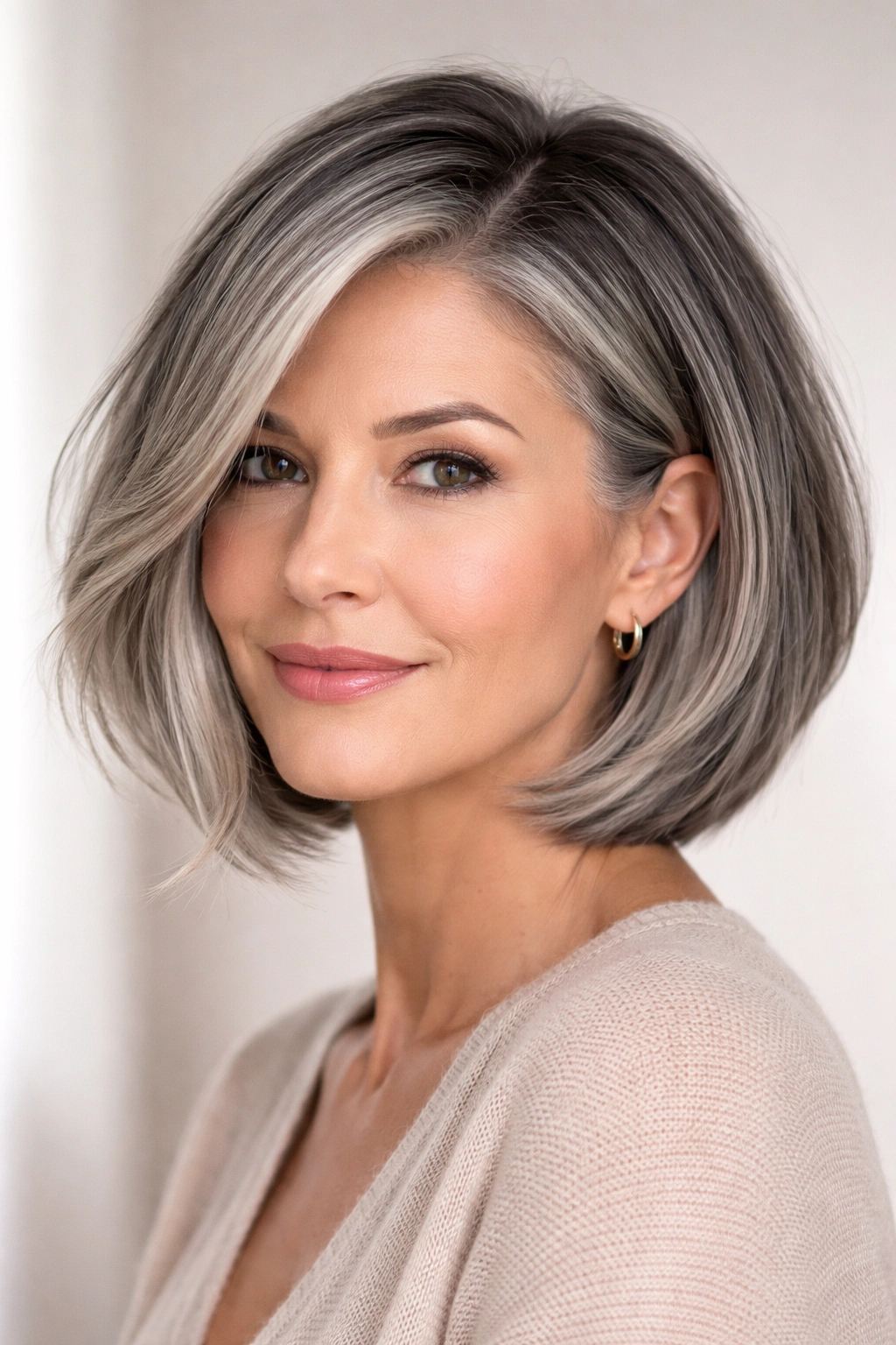 Gray-blended bob showing darker roots and cool ash tones