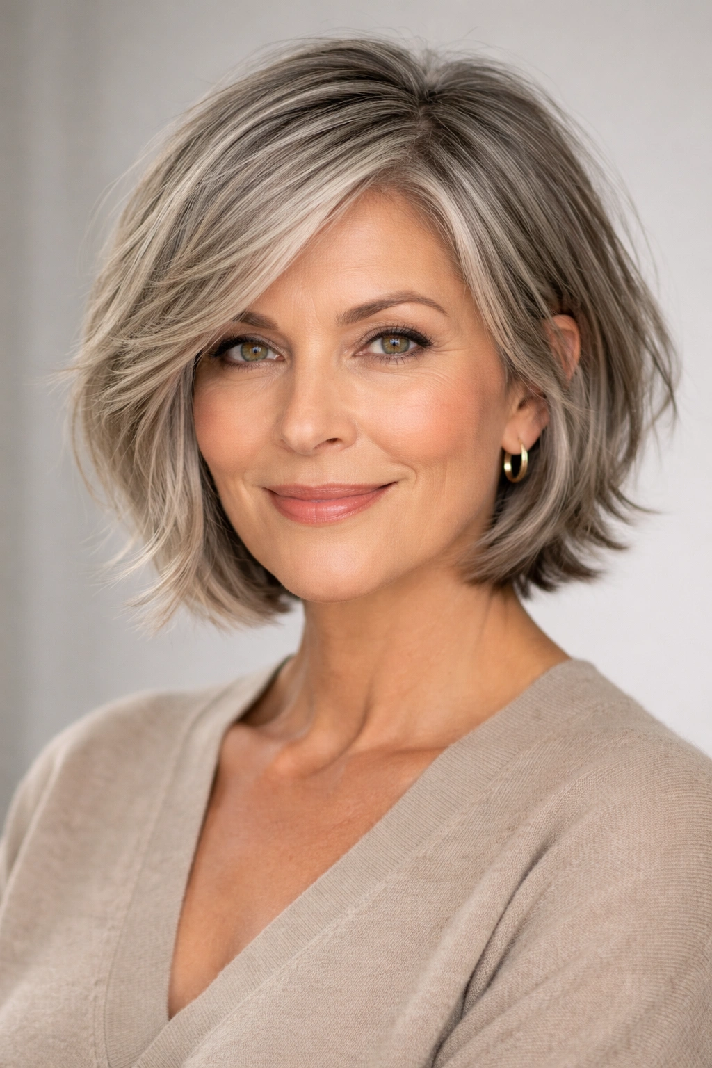 Mature woman with a choppy gray-blended bob showing dimensional gray and texture