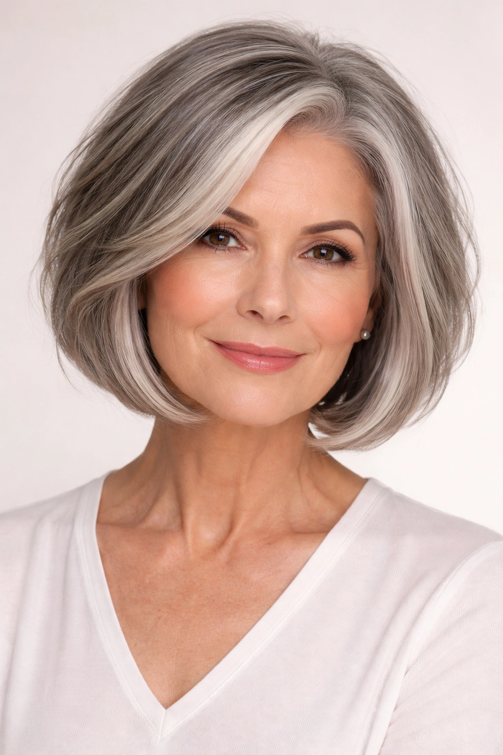 Gray bob with dimensional color including balayage highlights