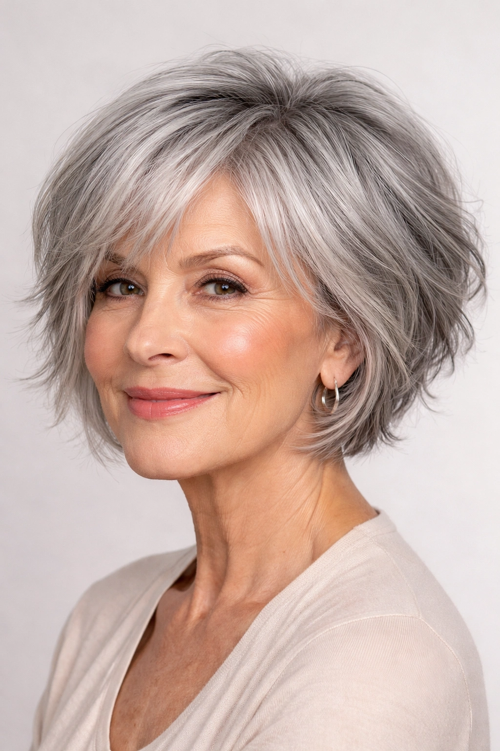 Profile of a woman with a textured gray bob showing movement