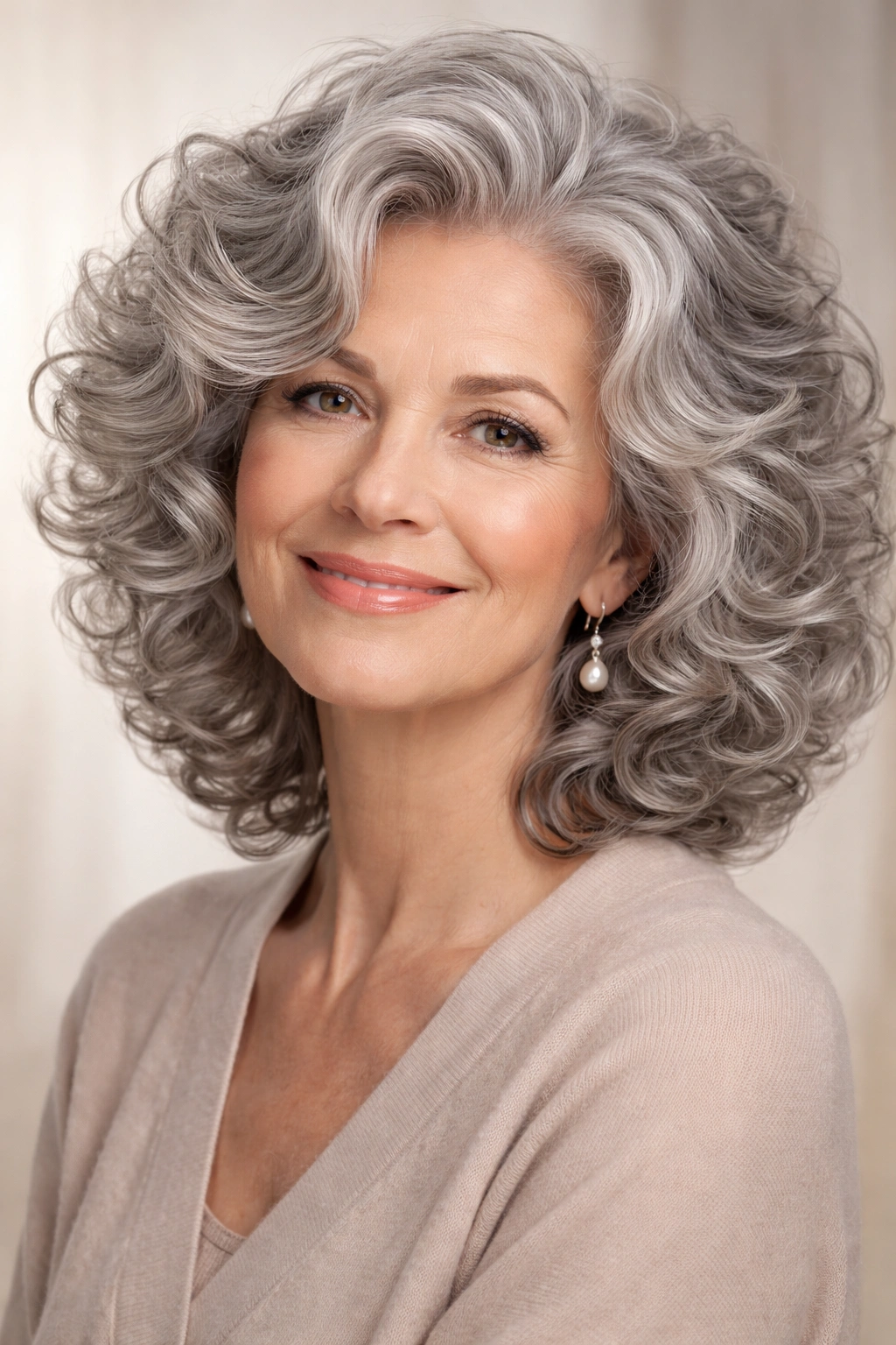 Close-up of voluminous silver-gray curls with layered crown lift.