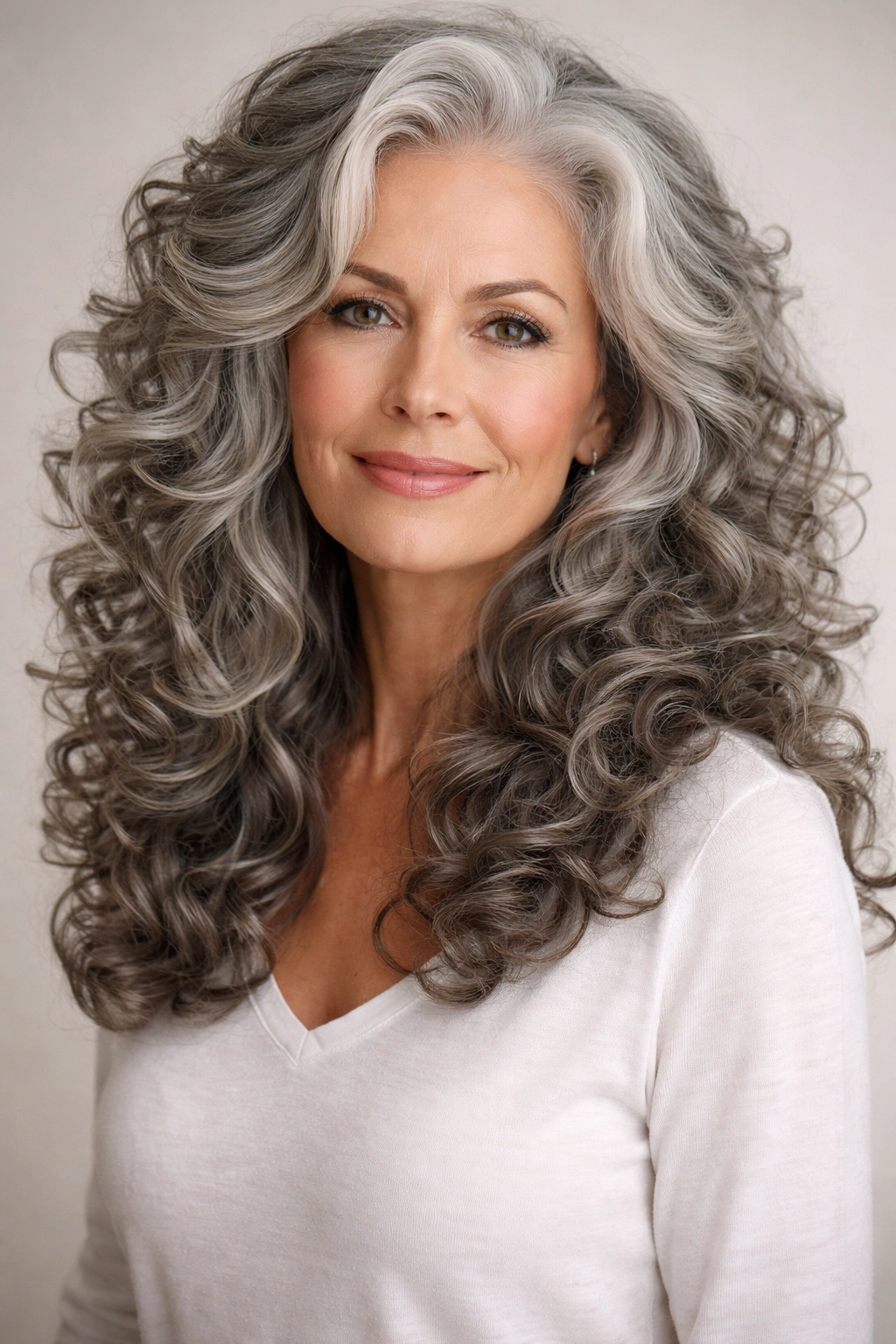 Woman with natural gray voluminous curls and defined texture.