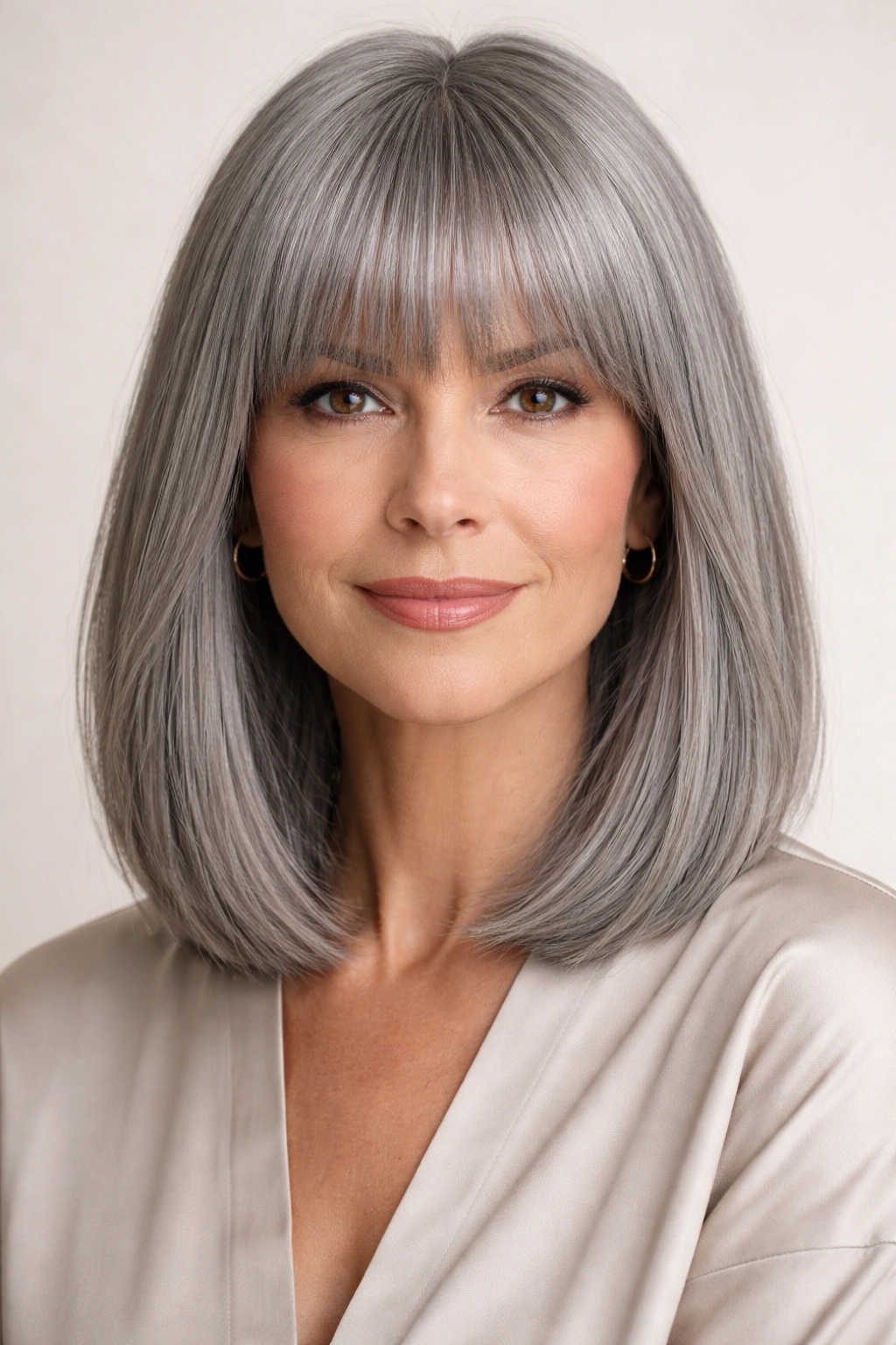 Close-up of blunt gray cut with full bangs on a head-and-shoulders portrait