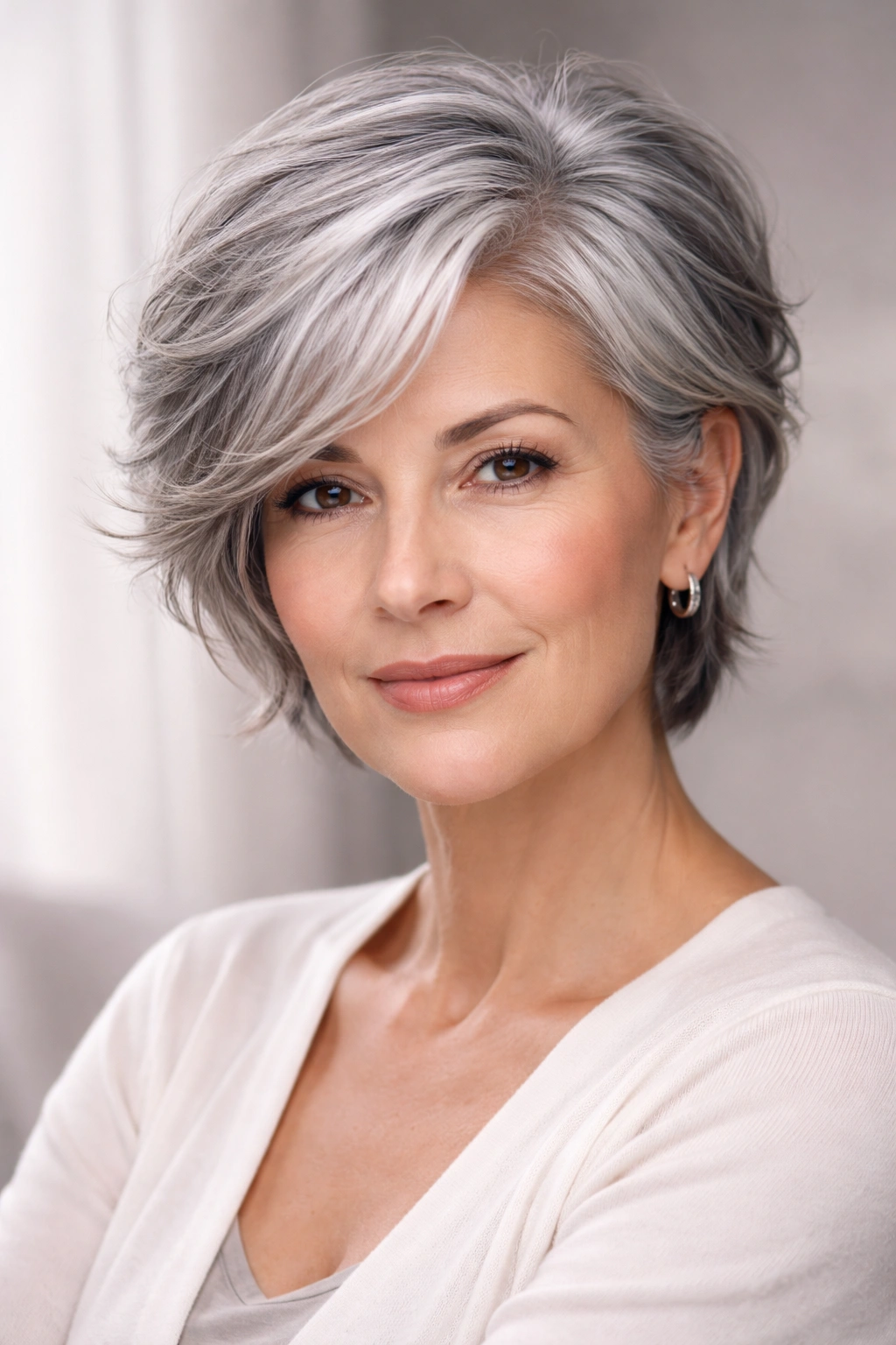 Close-up portrait of a person with natural gray hair and a stylish cut emphasizing gray hair care