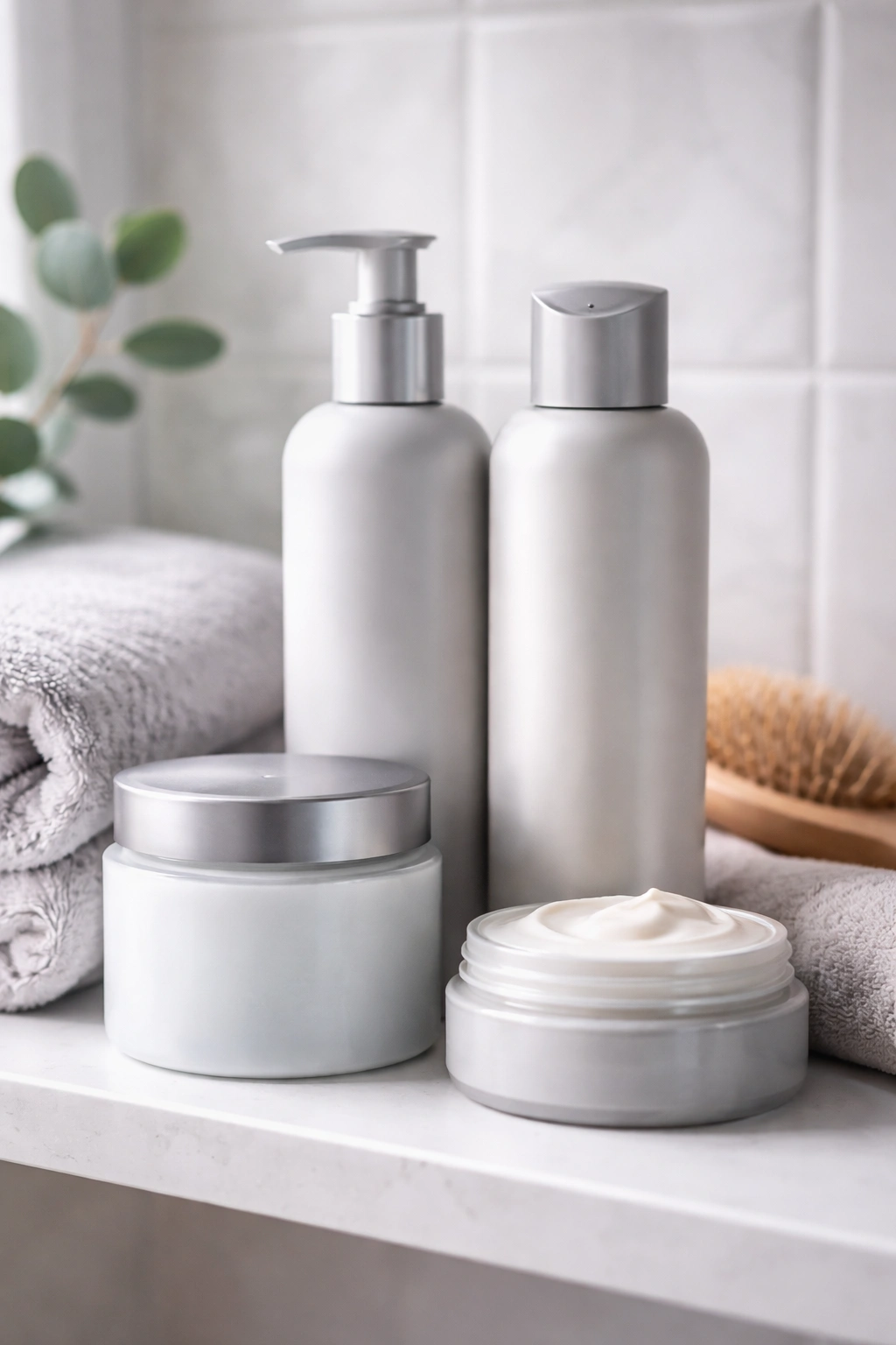 10 Short Haircuts Accented With Soft Gray Highlights 14 Bathroom shelf with sulfate-free hair care bottles