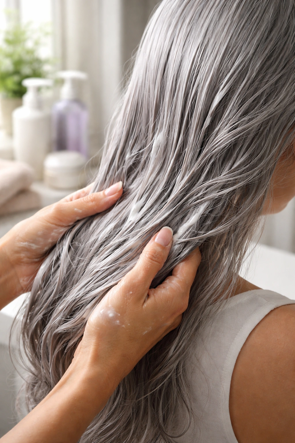 Close-up of gray hair being conditioned by hands