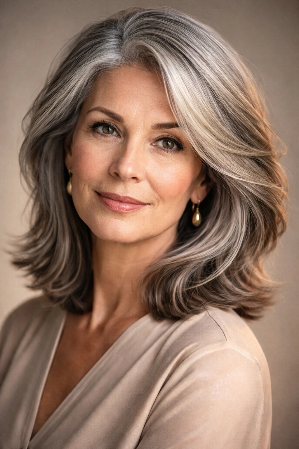 Close-up of an older woman with silver-gray hair and subtle lowlights in a neutral studio