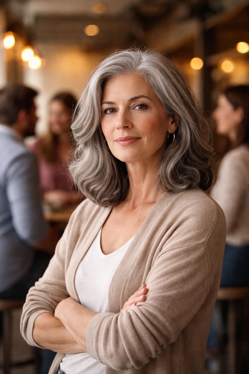 Confident person with gray hair in social setting ignoring opinions