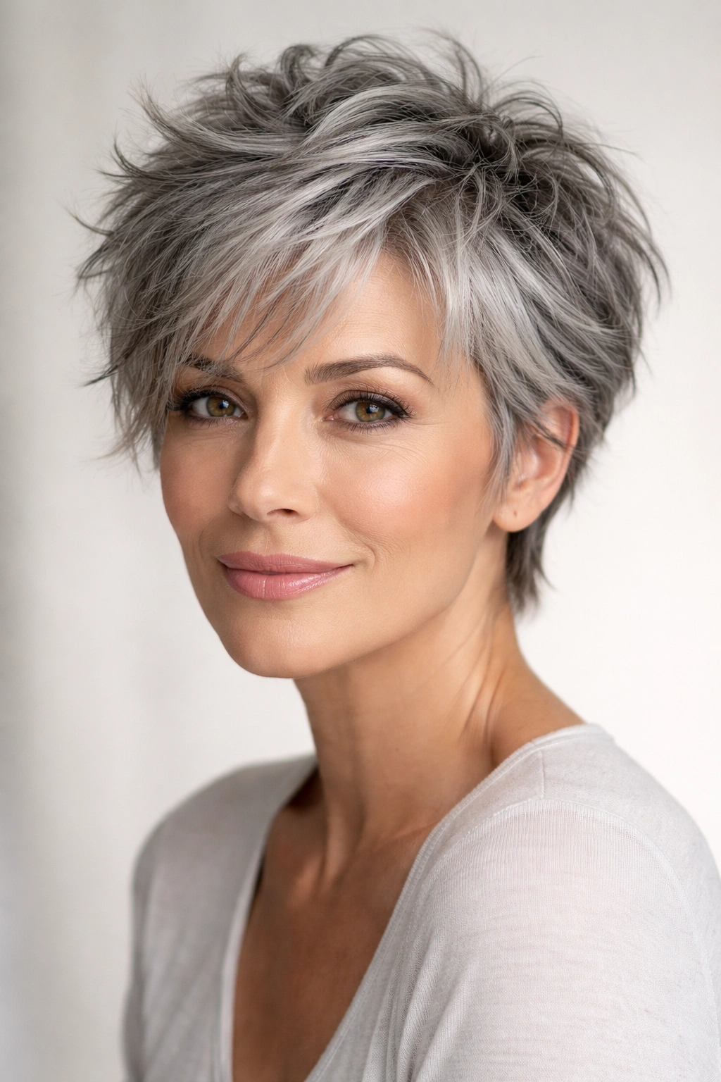 Close-up of gray crop cut hairstyle with textured layers