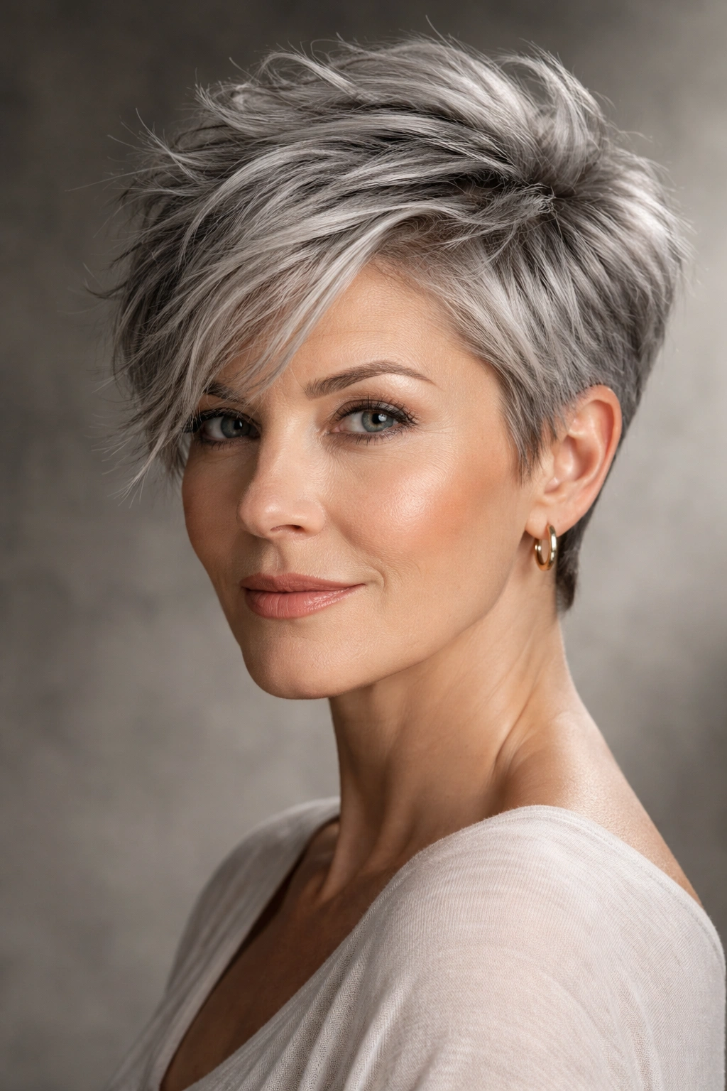 Close-up of a gray-haired woman with a tousled crop and deep side part