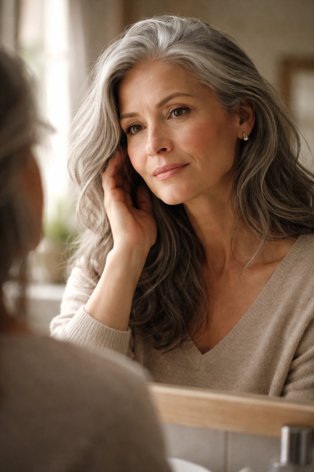 Close-up of a gray-haired person looking into a mirror, conveying emotional aspects of going gray