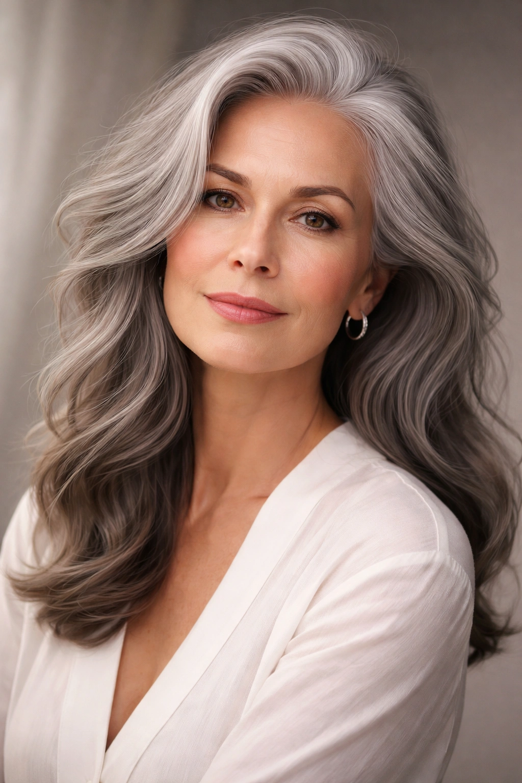 Confident woman with natural gray hair in soft studio lighting.