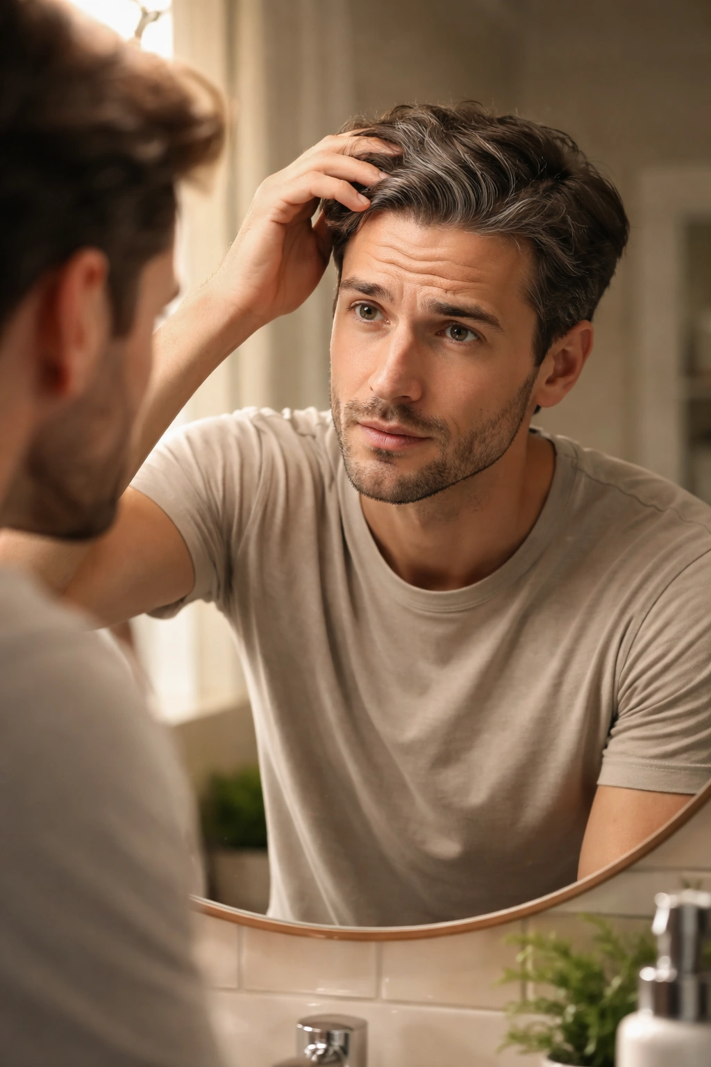 Person contemplating hair color in mirror representing realistic outcomes