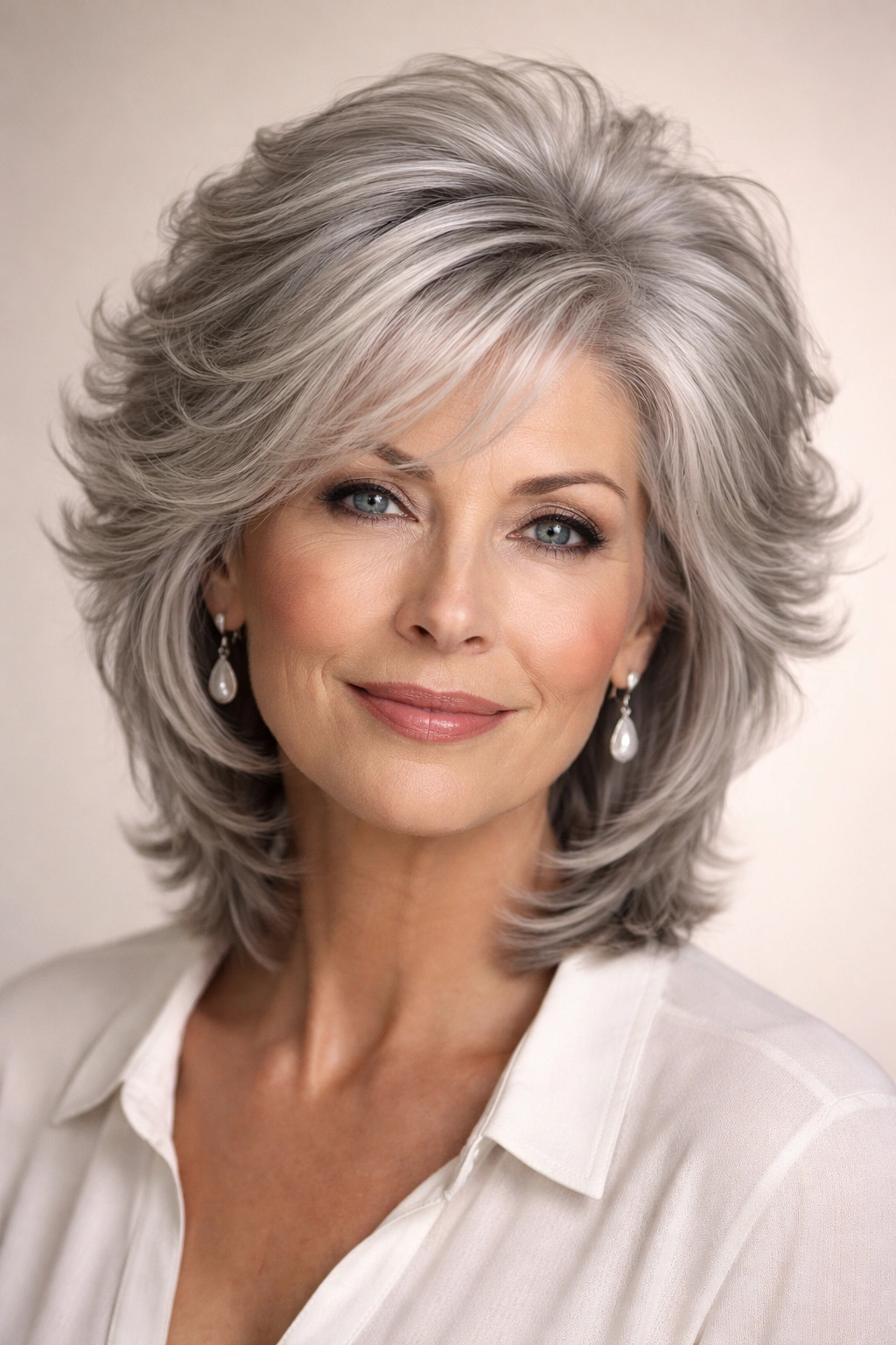 Gray-haired woman with crown-volume layered cut