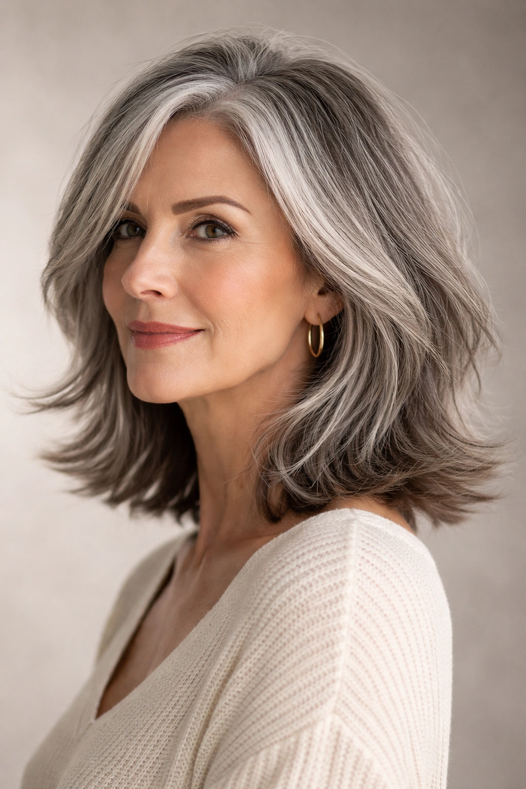 Portrait of a gray-haired person with a textured lob and flippy ends