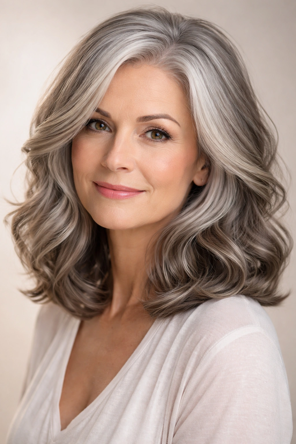 Shoulder-length gray lob with soft curls and gentle waves