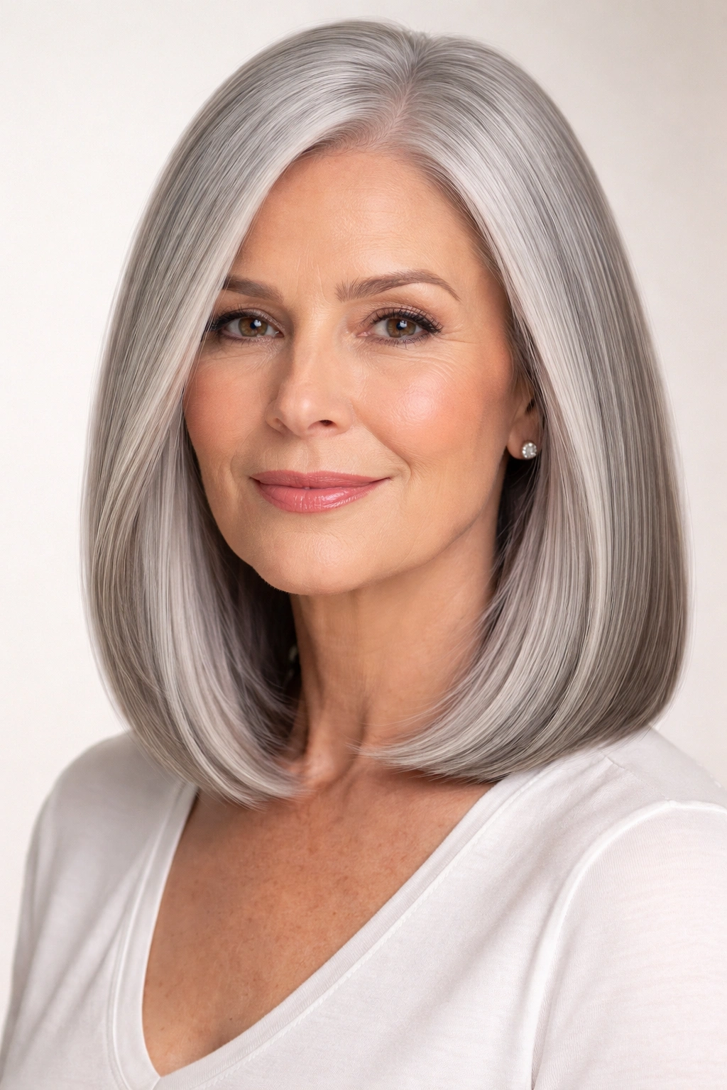Gray-haired woman with sleek long bob and blunt edge in studio