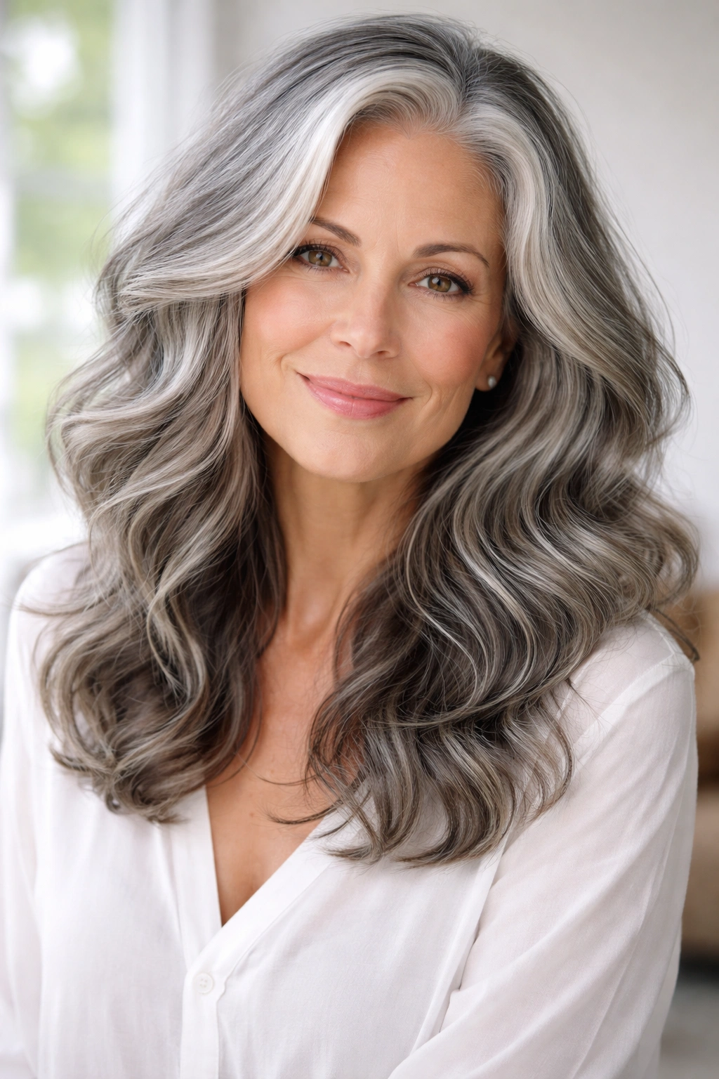 Woman with natural gray hair styled in soft waves and dimensions.