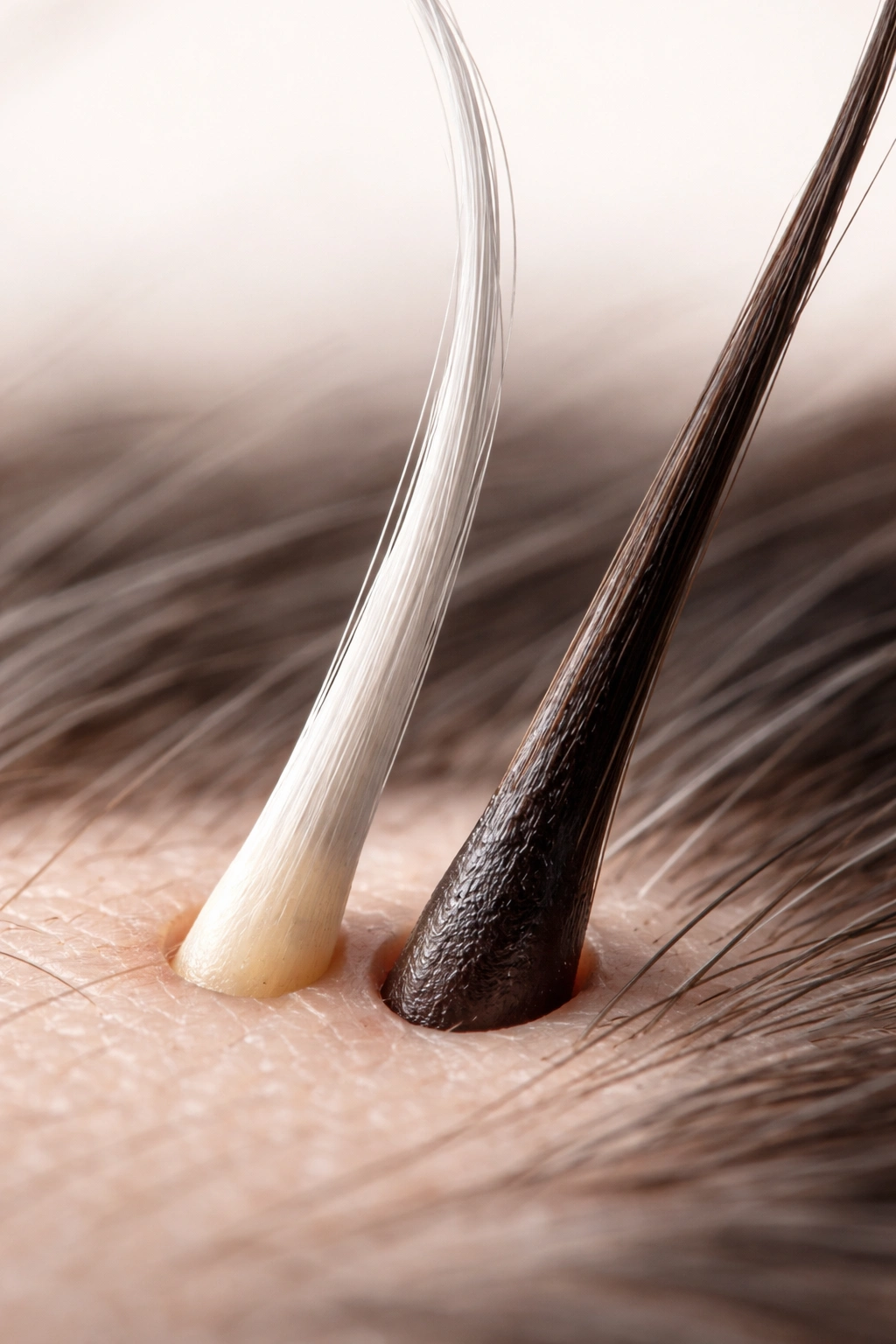 Close-up scalp showing a gray hair next to a dark hair to illustrate gray hair origin