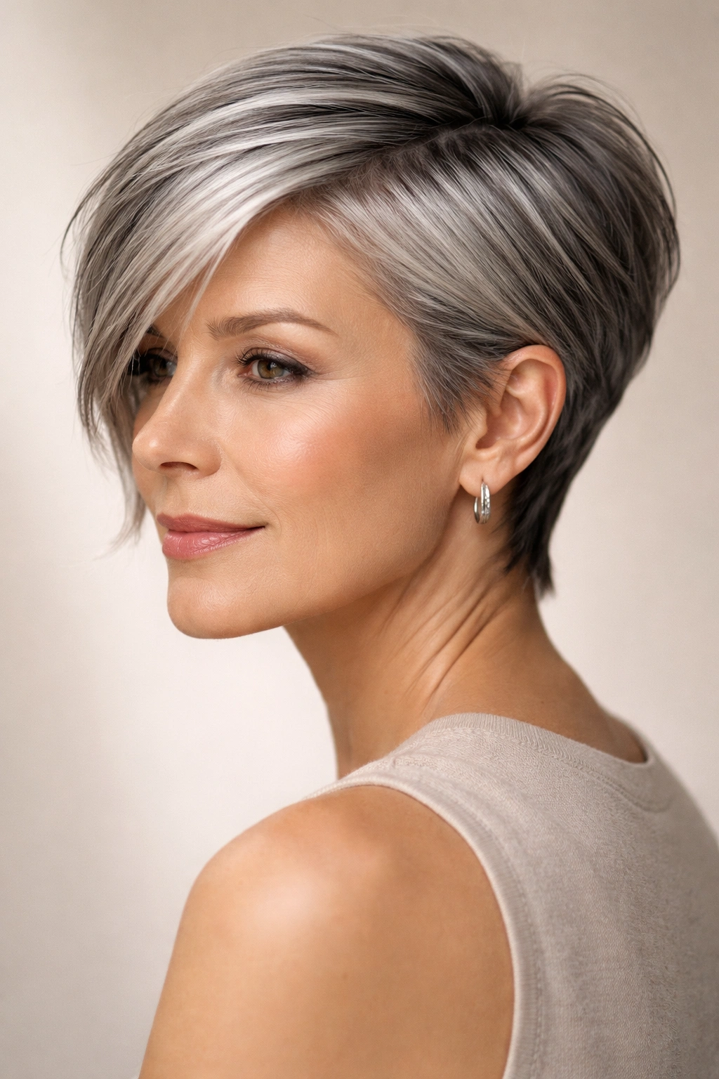 Close-up of a gray-haired woman with a sleek pixie featuring longer front pieces and a two-tone silhouette