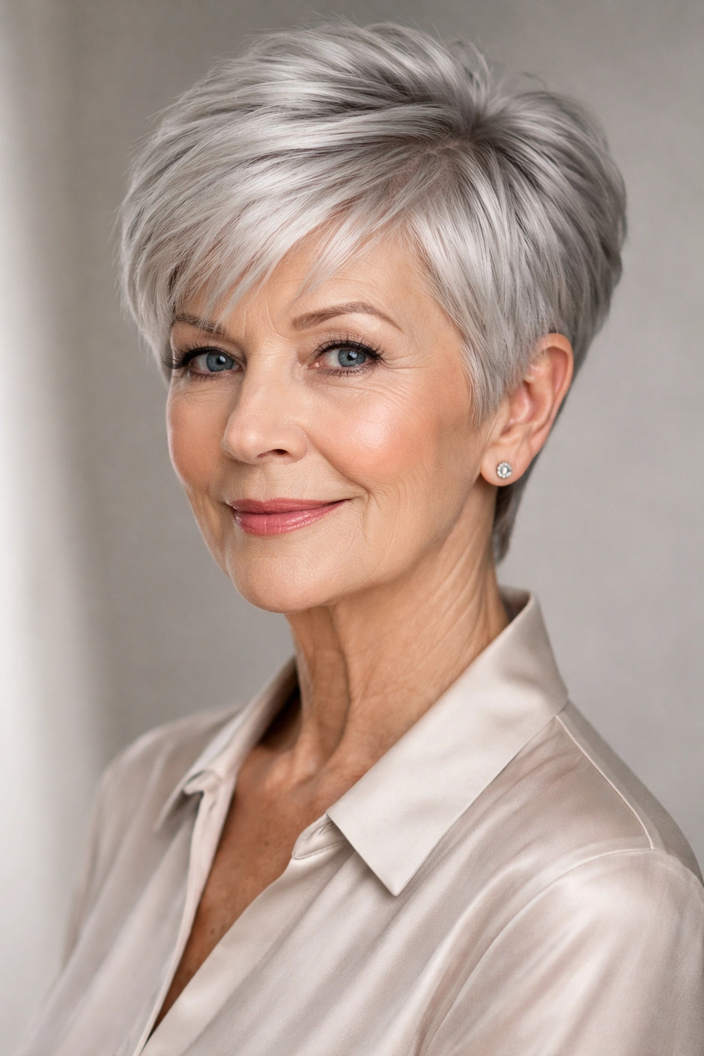 Close-up of a mature woman with a gray pixie cut showing crisp geometric lines and texture
