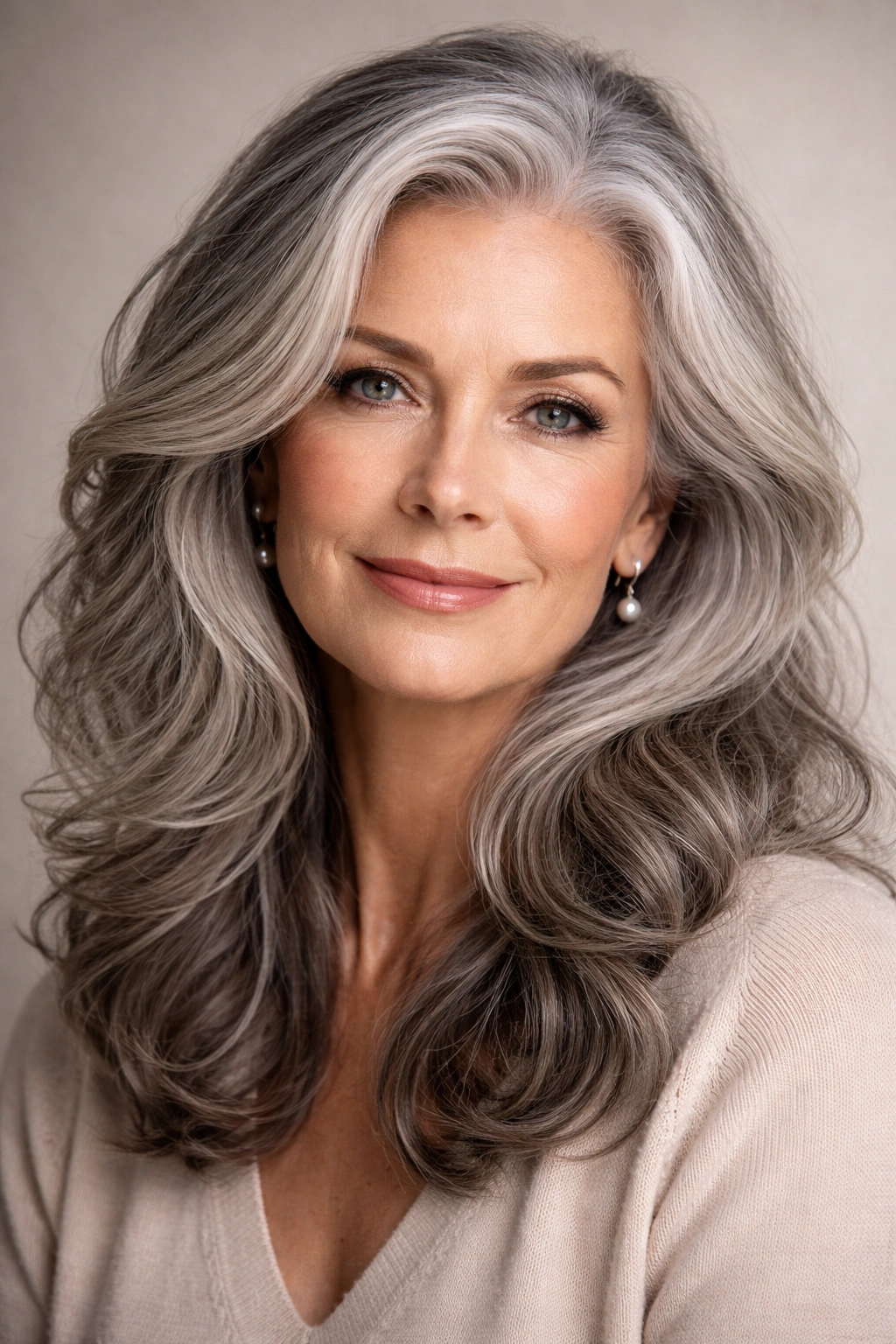 Close-up portrait of a mature woman with gray hair showing natural silver tones and shine
