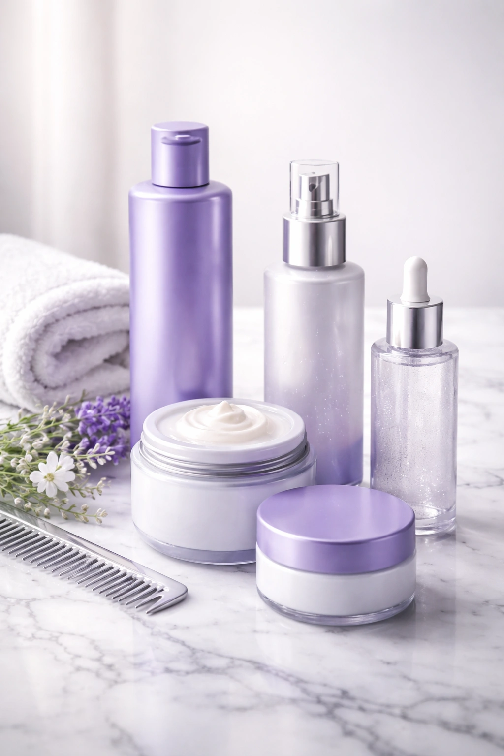 Curated gray hair care products arranged on marble surface with purple accents