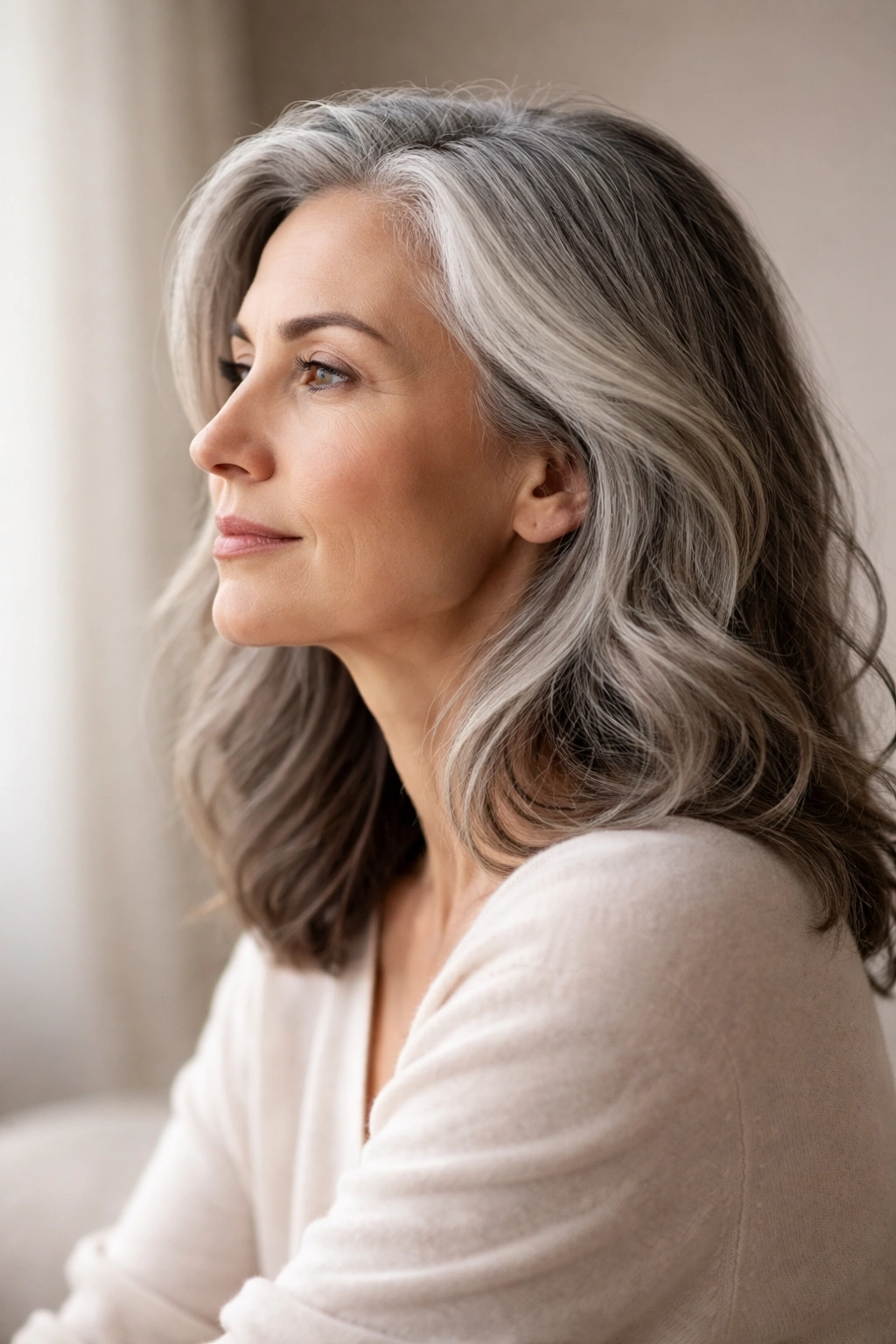 Side-profile of a person with gray hair in a calm, reflective pose