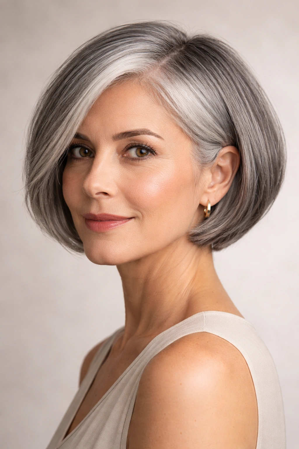 Close-up of a person with a cropped rounded bob showing a soft halo from gray roots