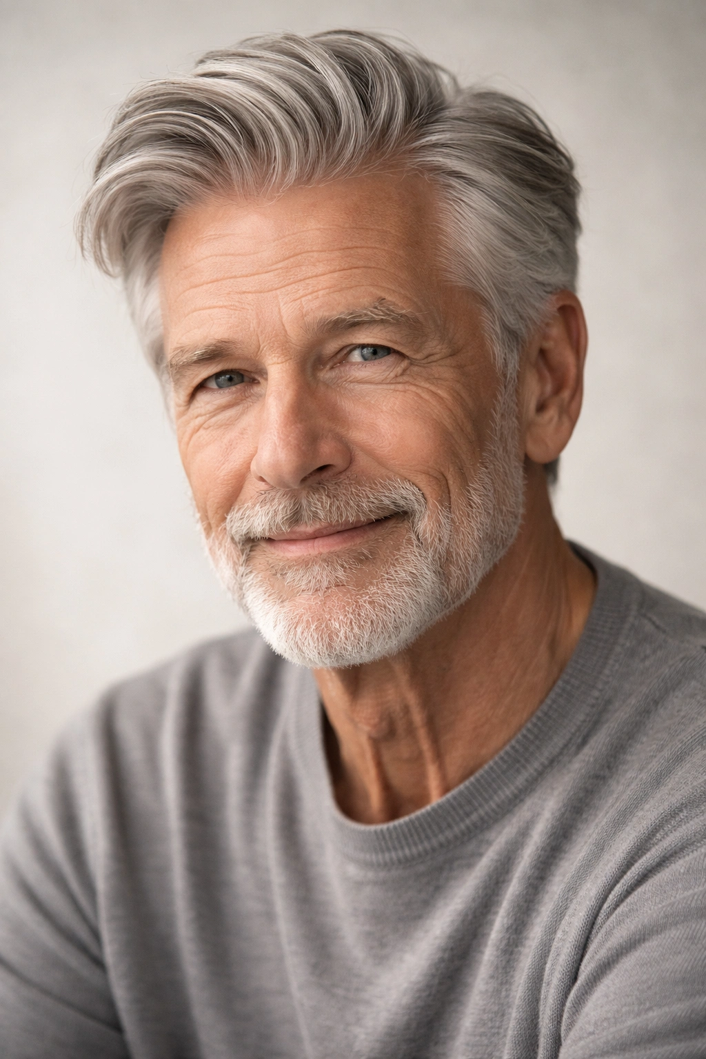 Close-up portrait of an older man with natural gray hair swept casually, silver tones