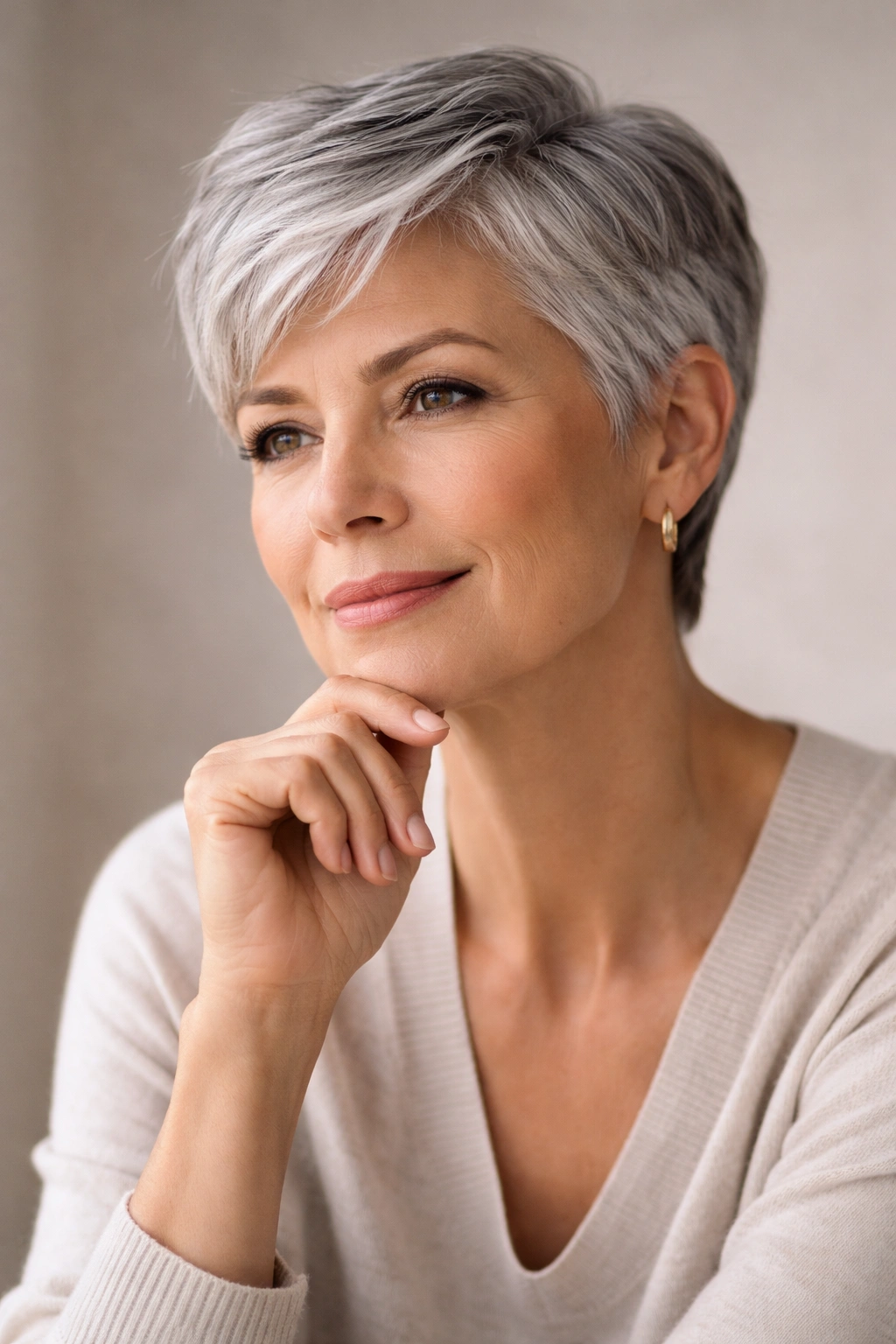 Confident woman with short silver-gray hair in a thoughtful pose.