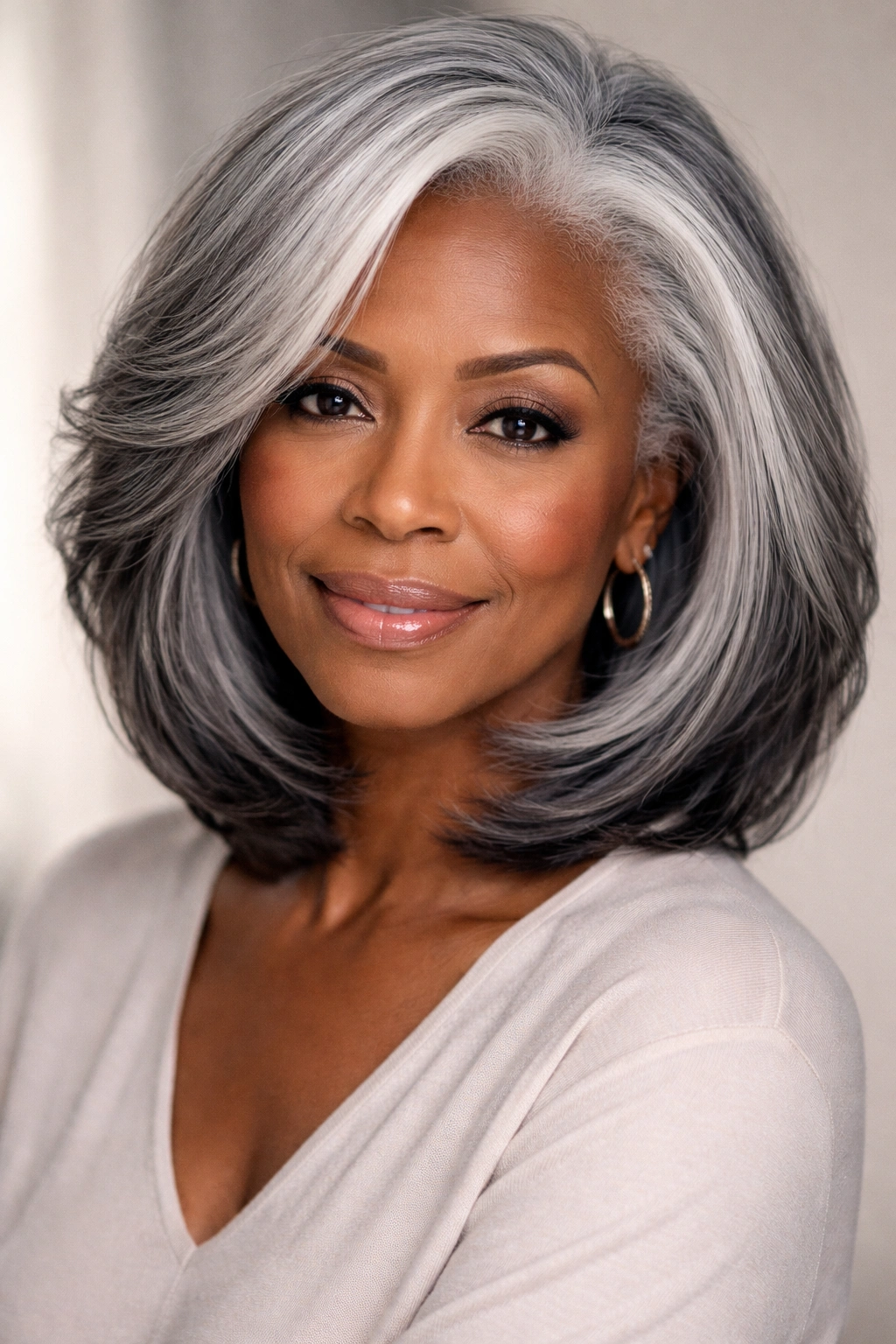 Close-up of a mature Black woman with silver-gray hair in a sleek short crop, highlighting texture and shine