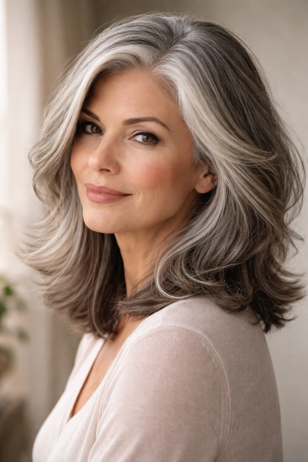 Portrait of a woman with natural gray hair styled to show texture and highlights.
