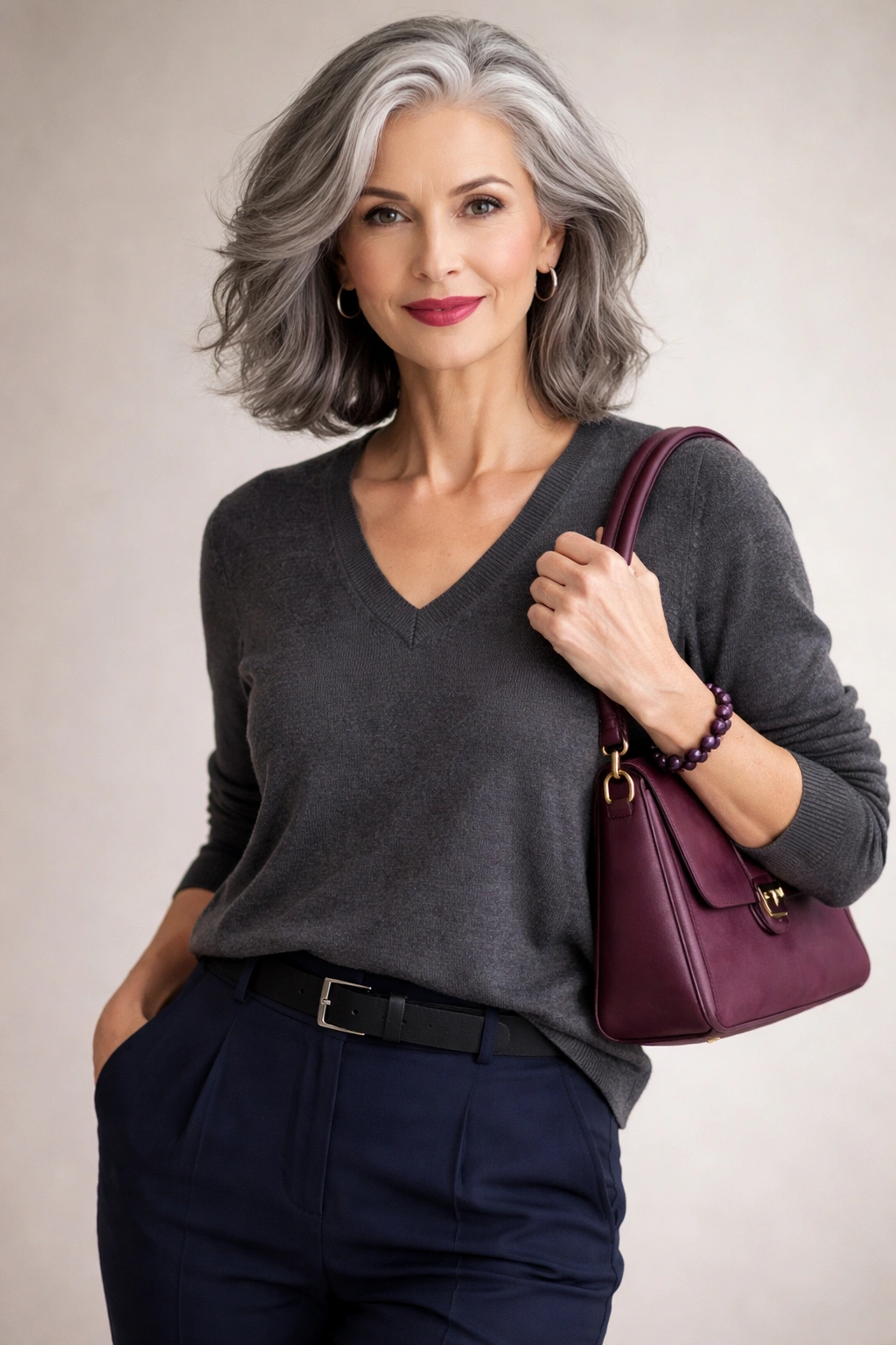 Person with gray hair wearing charcoal and navy, berry lipstick in a stylish studio shot