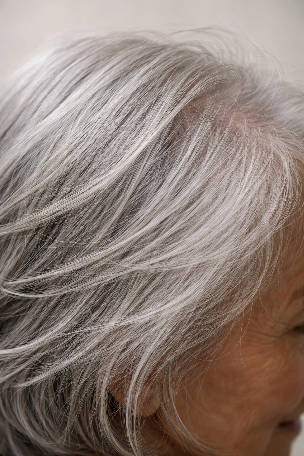 Close-up of gray hair with thinning density and dry texture