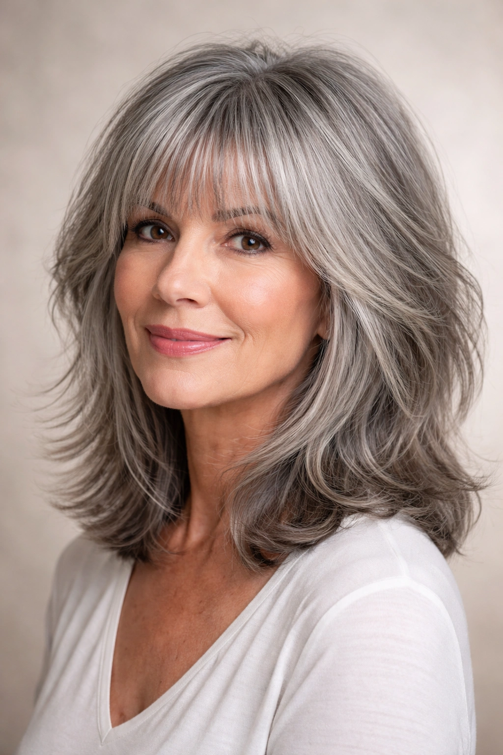 Gray-haired woman with a medium-length textured cut and bangs in studio lighting