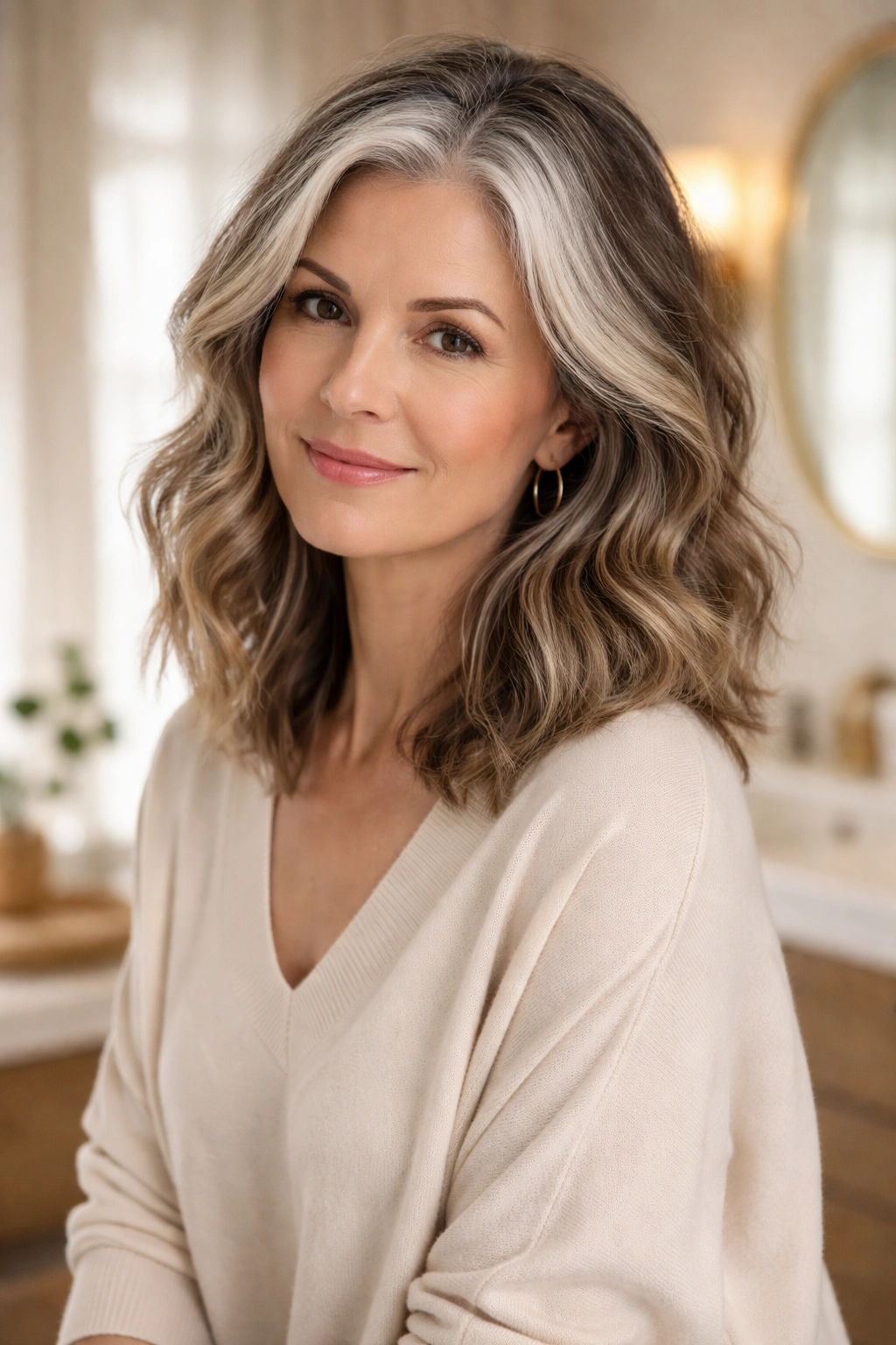 Person with mid-transition gray hair styled to camouflage roots in a warm bathroom