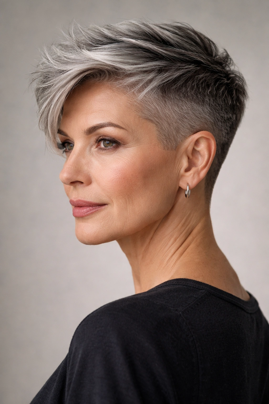 Close-up side view of a woman with a precision undercut showing very short sides and a longer textured top